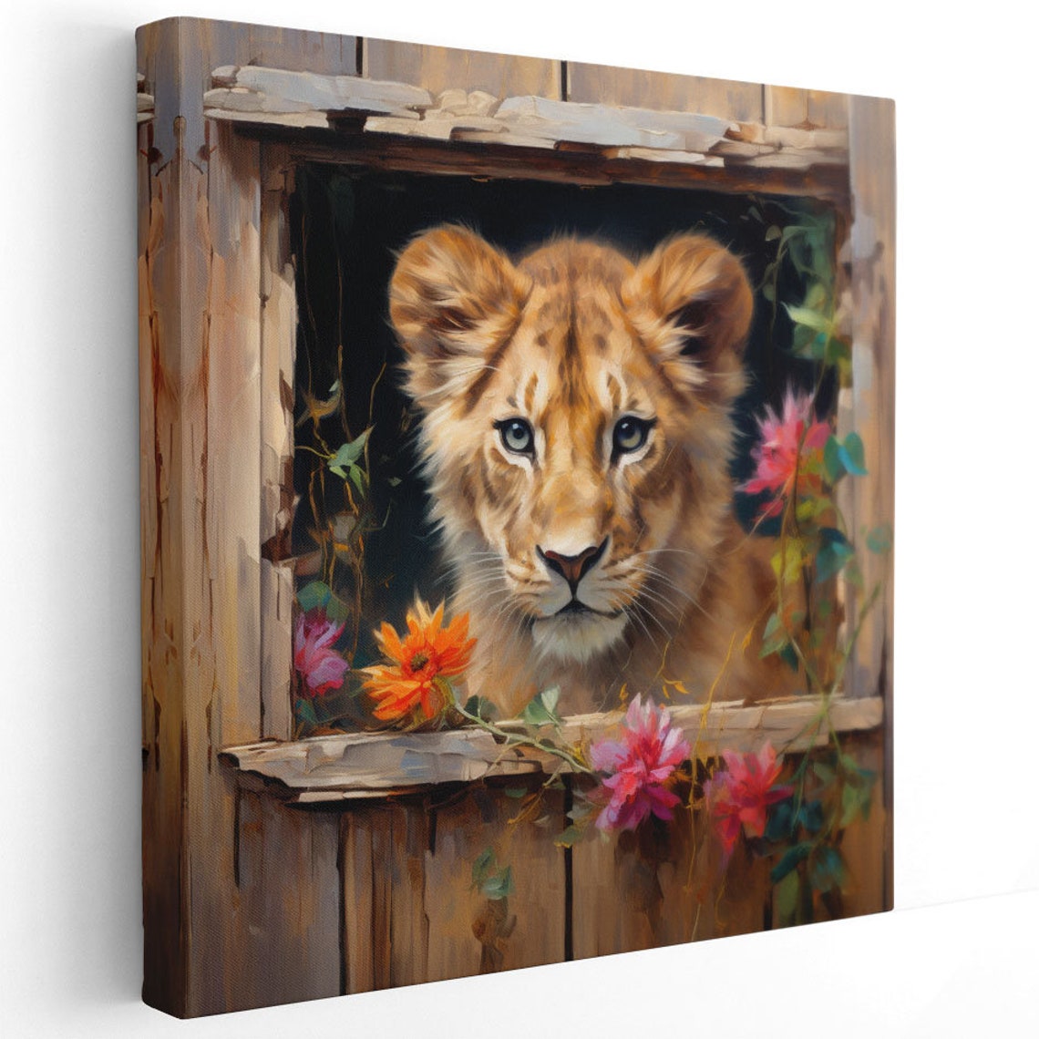 Baby Lion Cub Peeking From Window Cute Floral Nursery Canvas Poster - Image 2