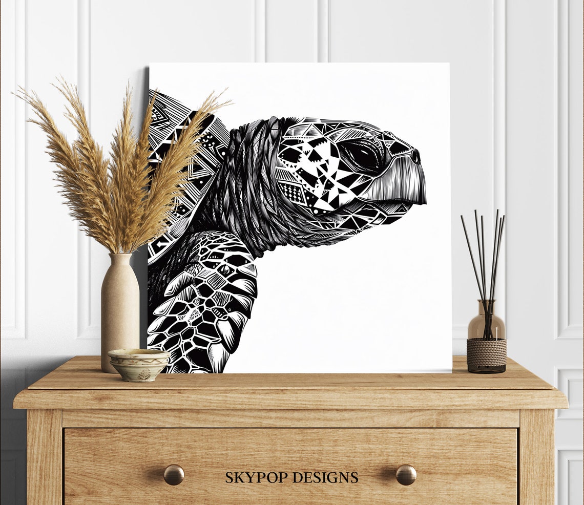 Sea Turtle Side Profile Geometric Tribal Black and White Poster - Image 2
