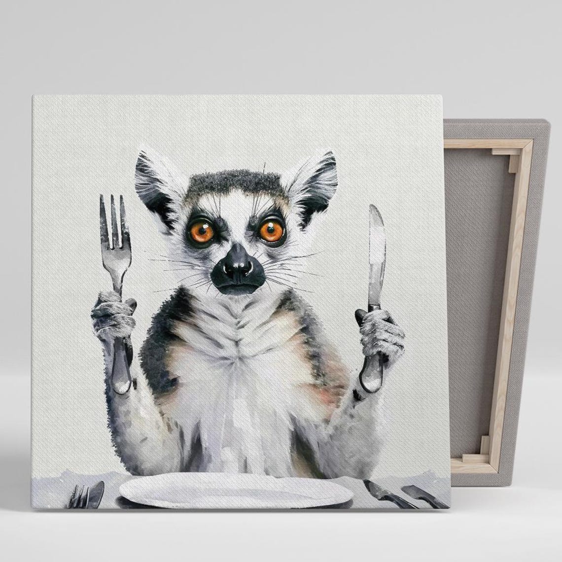 Hungry Lemur With Fork And Knife Funny Dining Room Wall Art Poster