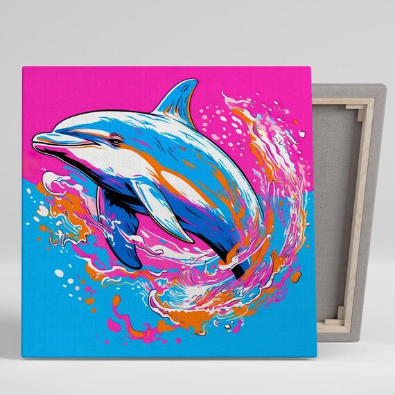 Dolphin Splash Wall Art Or Poster Vibrant Pop Art Decor Living Room Bedroom Office Wall Art Blue Pink Orange Contemporary Design