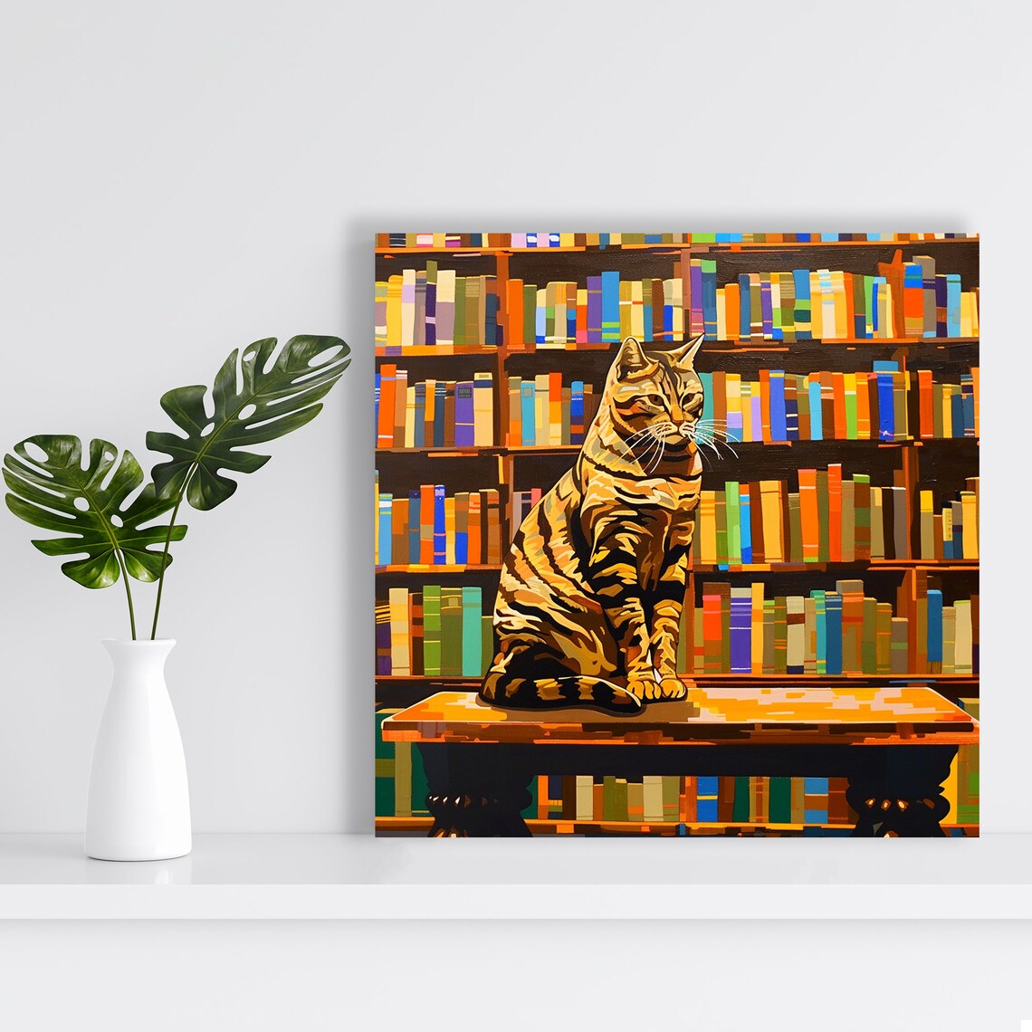 Tabby Cat On Library Table Among Colorful Bookshelves Literary Cat Poster - Image 2