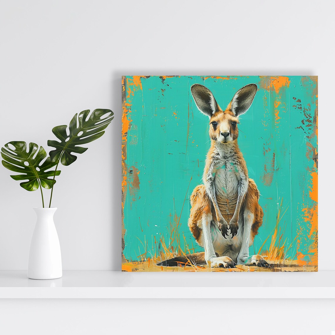 Kangaroo Portrait Turquoise Background Painterly Modern Wildlife Wall Art - Image 2
