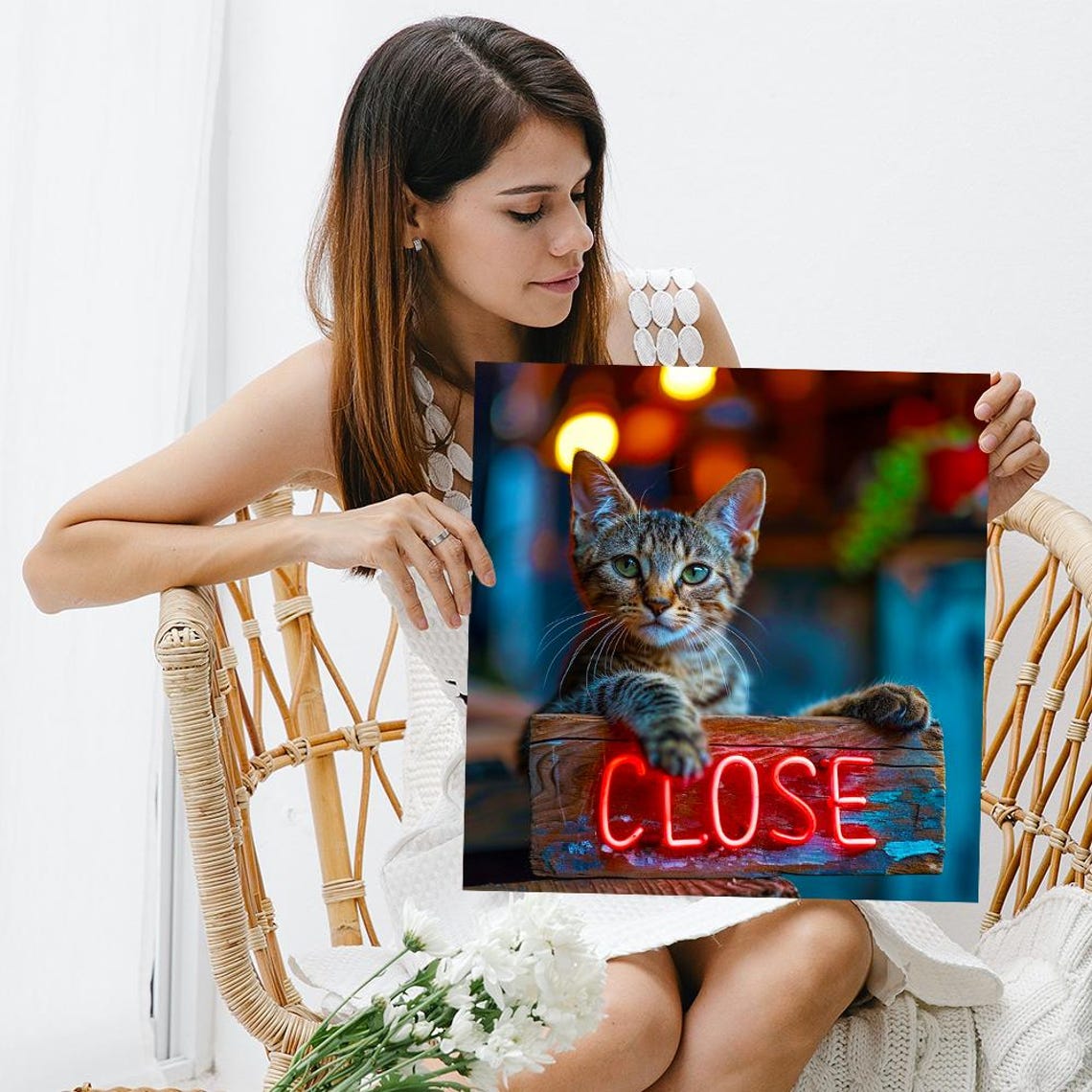 Cute Kitten Behind Glowing Close Neon Sign Night Shop Animal Poster - Image 3