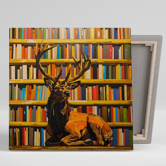 Bibliophiles Buck Art Or Poster Contemporary Rustic Decor Library Office Living Room Study Wall Art Brown Orange Multicolor