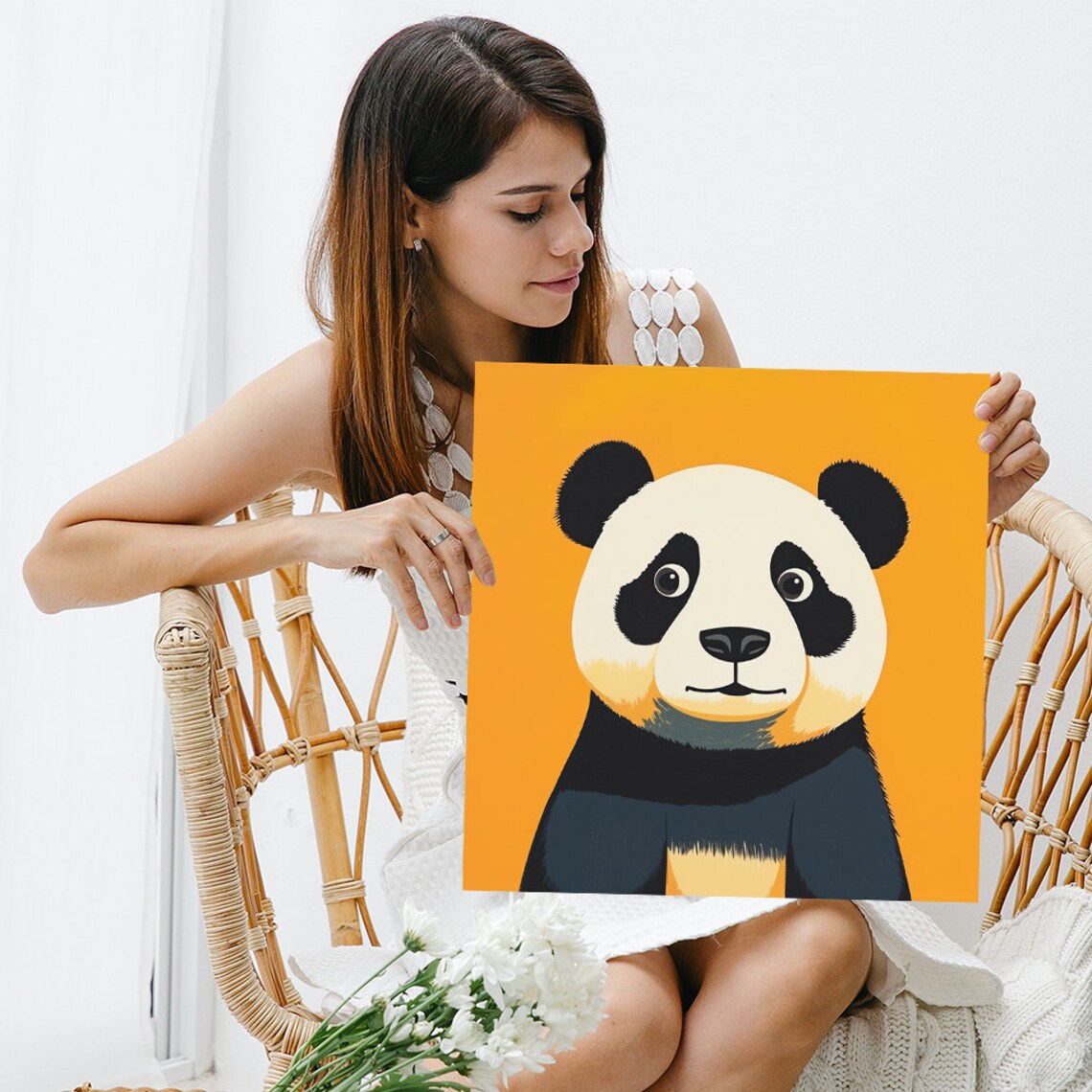 Cheerful Panda Portrait Flat Illustration Bold Orange Background Poster - Image 3