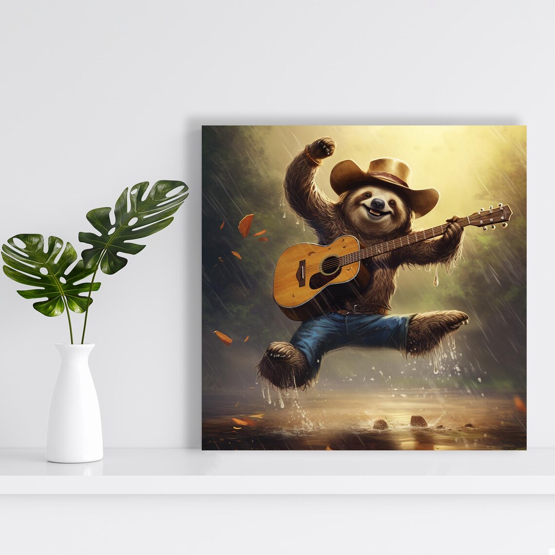 Sloth Cowboy Playing Guitar Dancing In Rain Golden Country Music Poster - Image 2