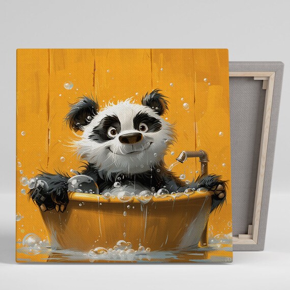 Baby Panda in Yellow Bathtub Bubbles Cute Nursery Bathroom Art Poster
