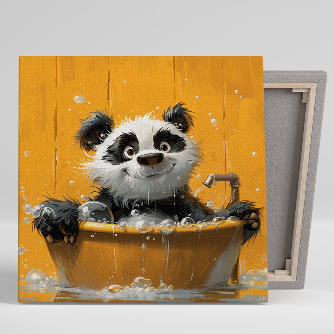 Baby Panda in Yellow Bathtub Bubbles Cute Nursery Bathroom Art Poster