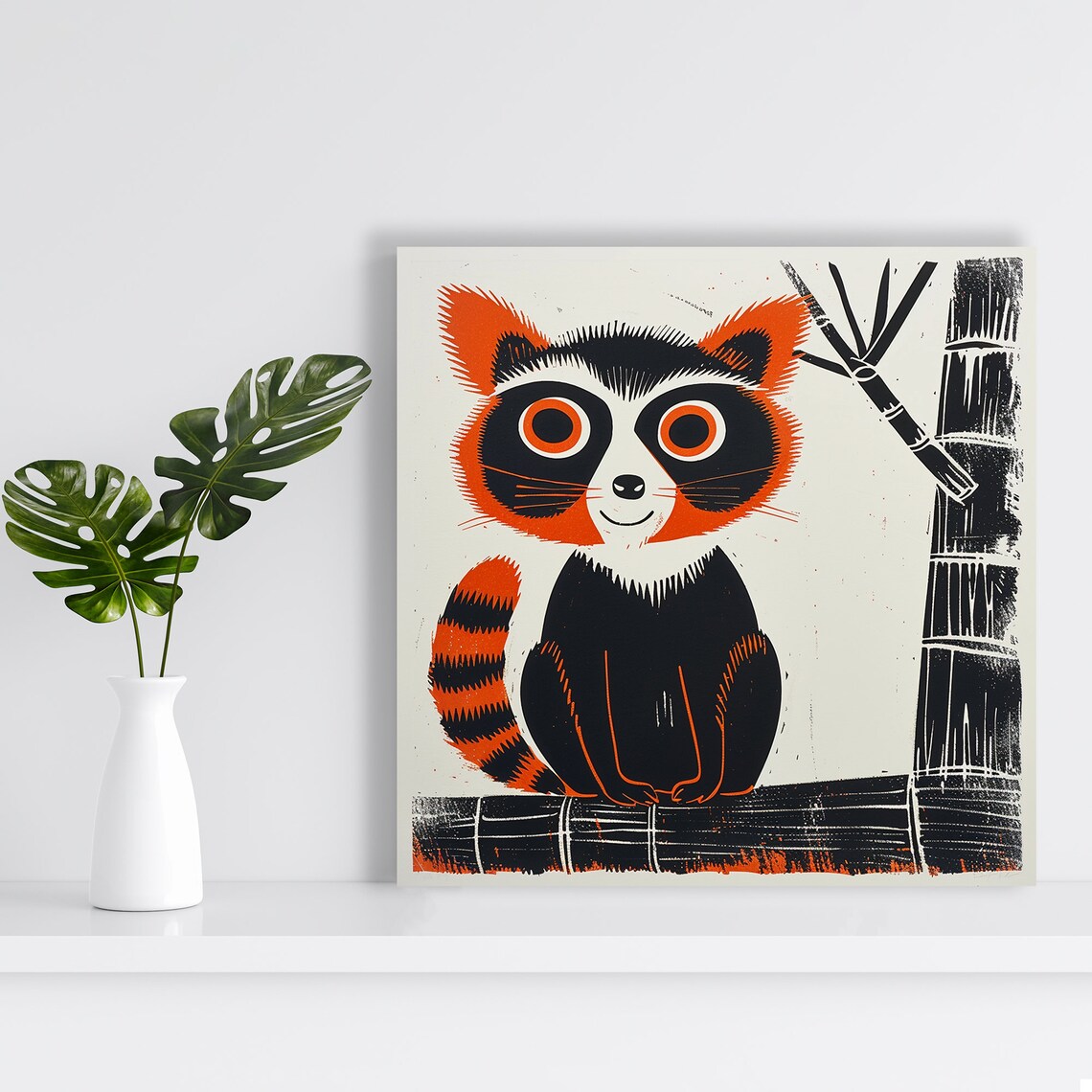 Retro Raccoon Pop Art Bamboo Woodcut Style Whimsical Animal Poster - Image 2
