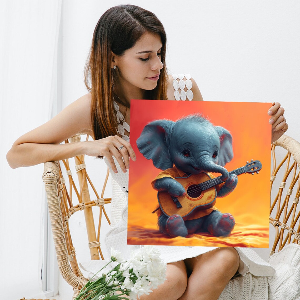Baby Elephant Guitar Serenade Warm Sunset Nursery Animal Music Poster - Image 3