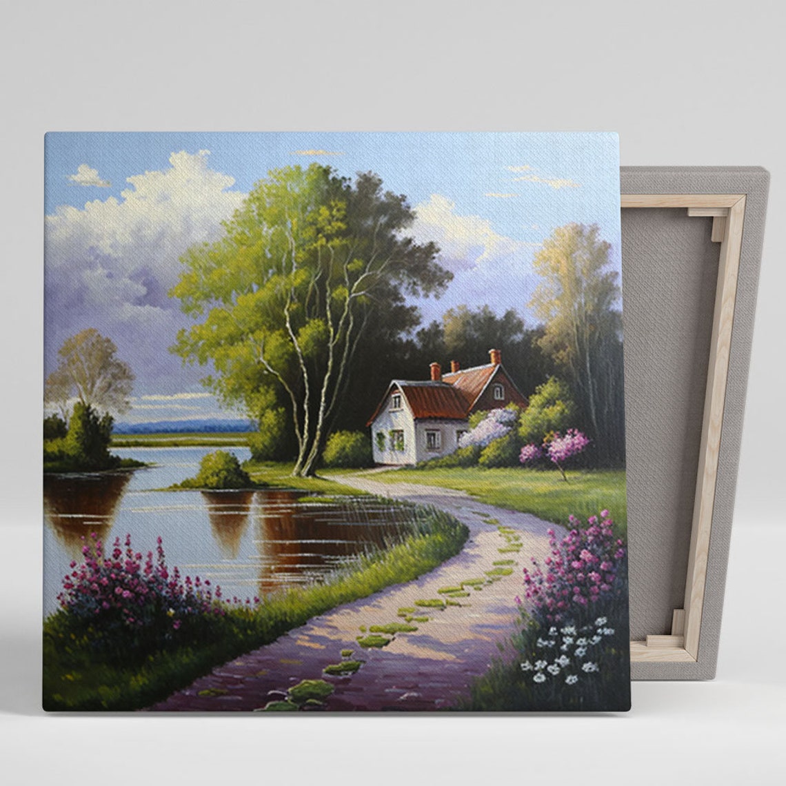 Lakeside Red Roof Cottage Winding Flower Path Serene Landscape Poster