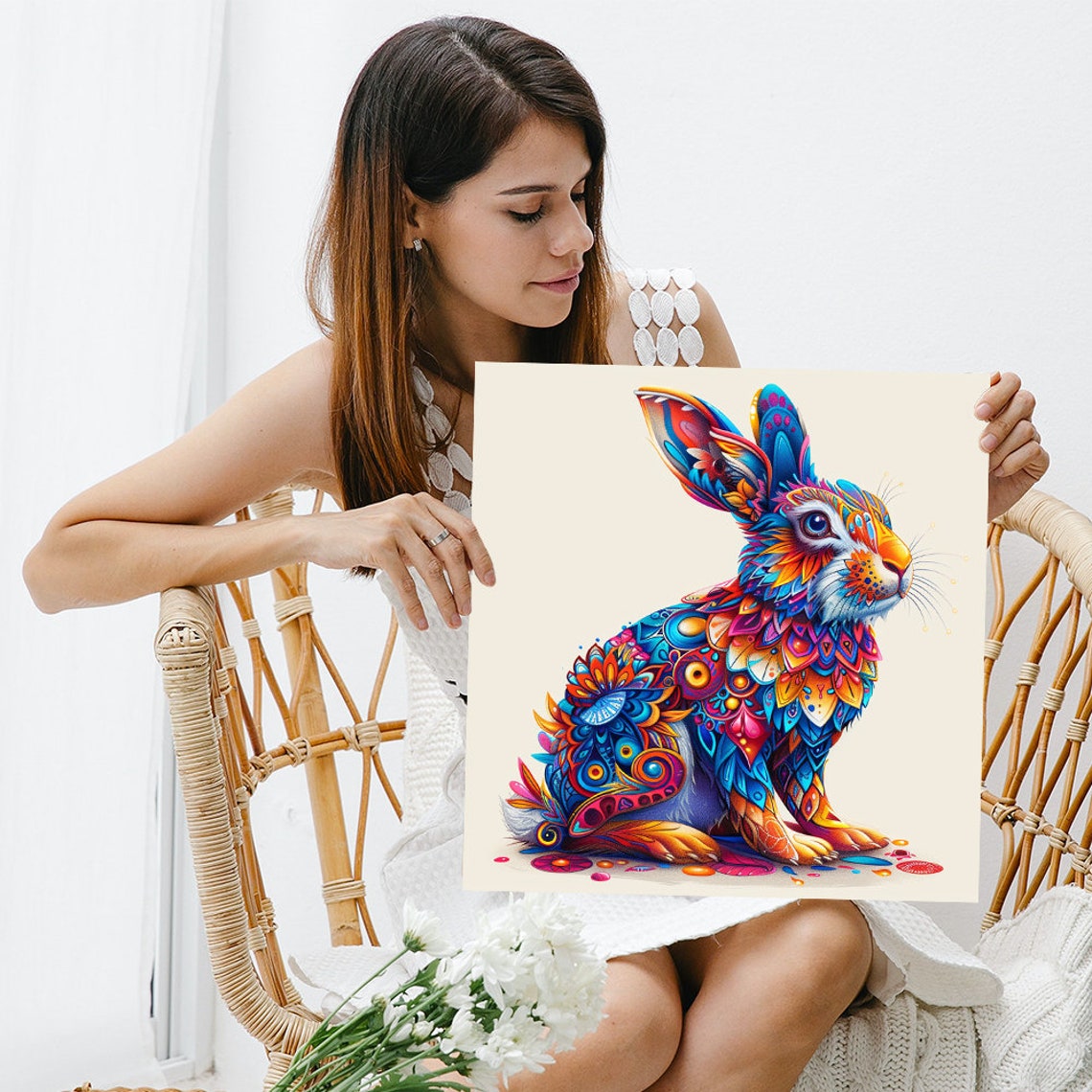 Kaleidoscope Rabbit Colorful Pattern Whimsical Bunny Wall Art Poster - Image 3