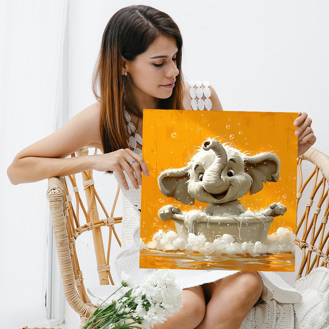 Baby Elephant Bubble Bath Golden Yellow Cheerful Nursery Poster - Image 3