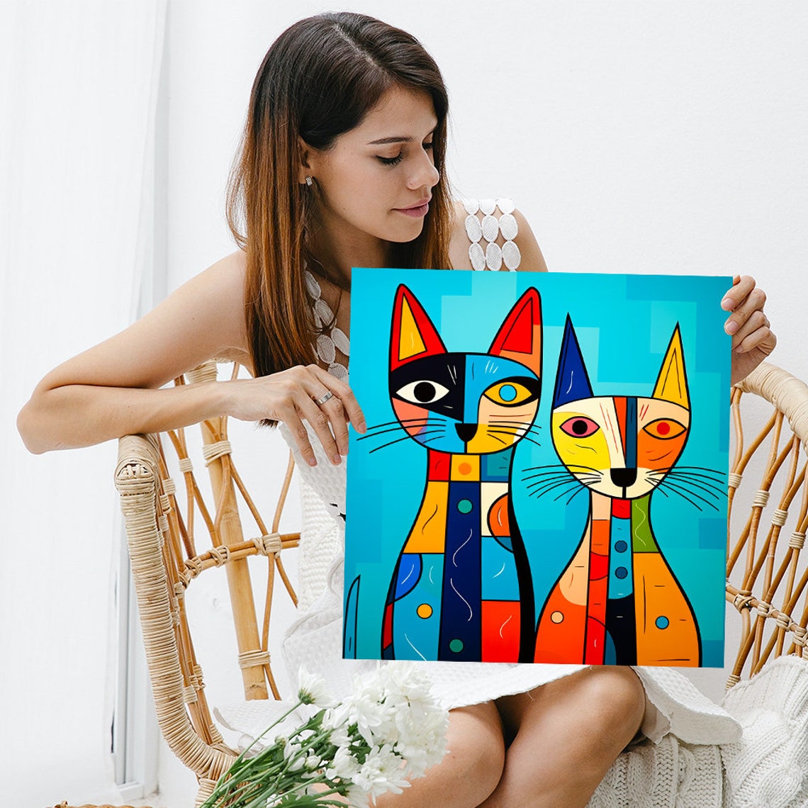 Cubist Cat Duo Colorful Geometric Cats Teal Background Pop Art Poster - Image 3