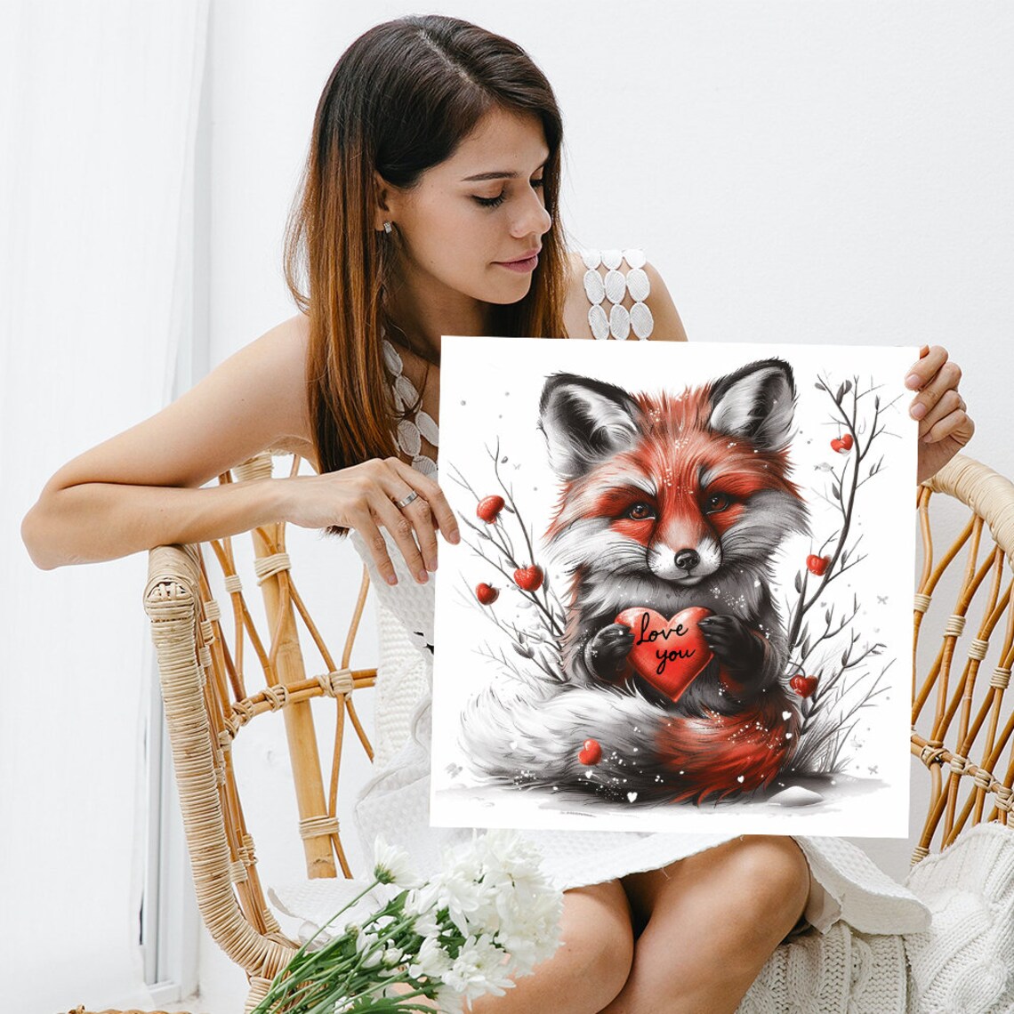 Enchanted Fox Love Red Fox Holding Heart Love You Winter Wall Art Poster - Image 3