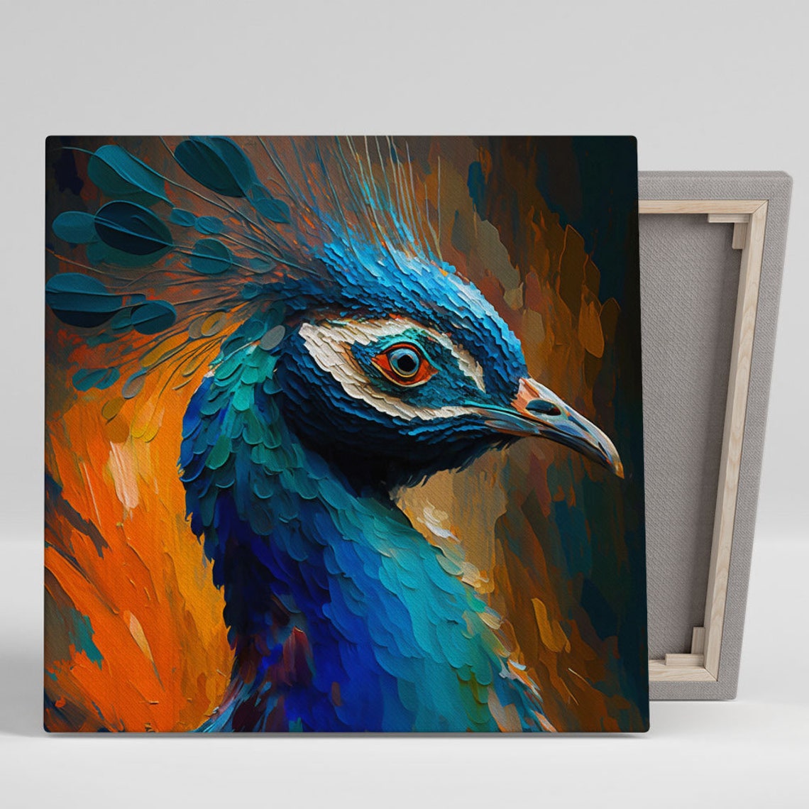 Peacock Head Impasto Orange Blue Bold Expressive Bird Portrait Poster