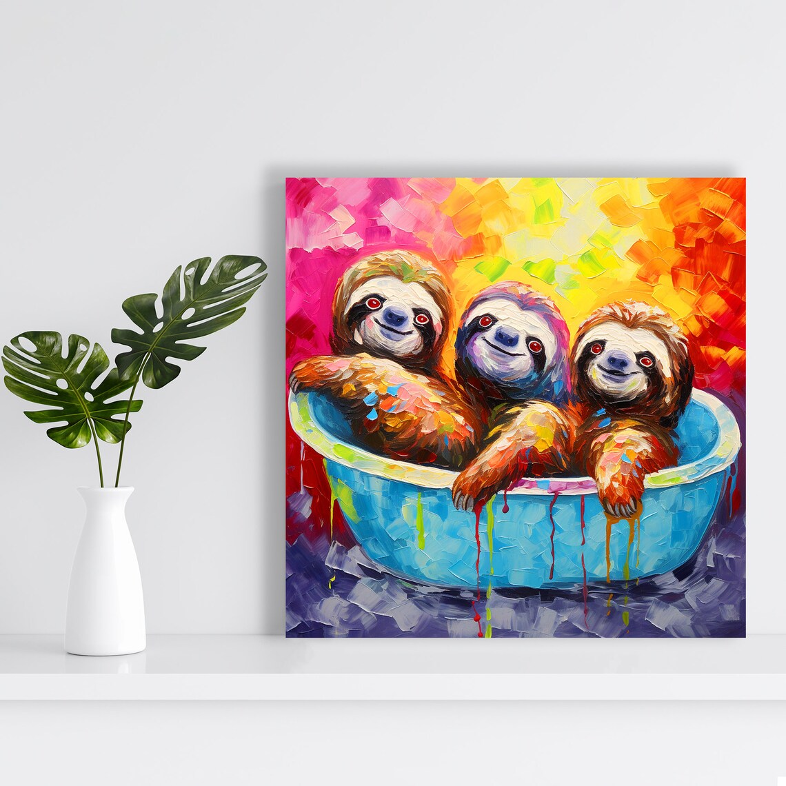 Three Happy Sloths in Blue Bowl Colorful Playful Painting Poster - Image 2