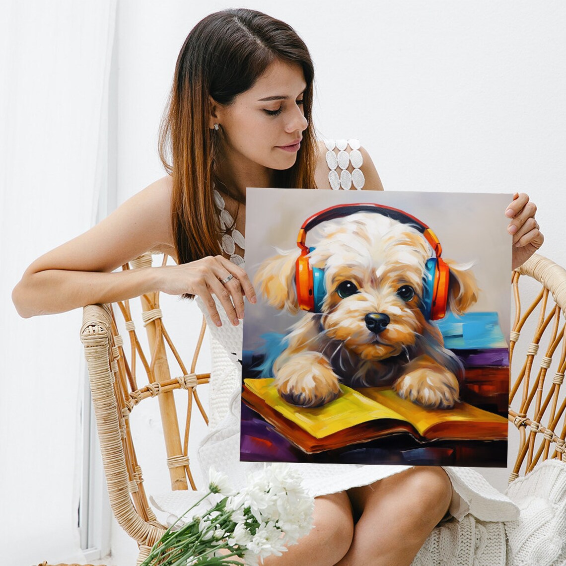 Headphone Puppy Reading Book Cute Oil Painting Dog Nursery Wall Art - Image 3