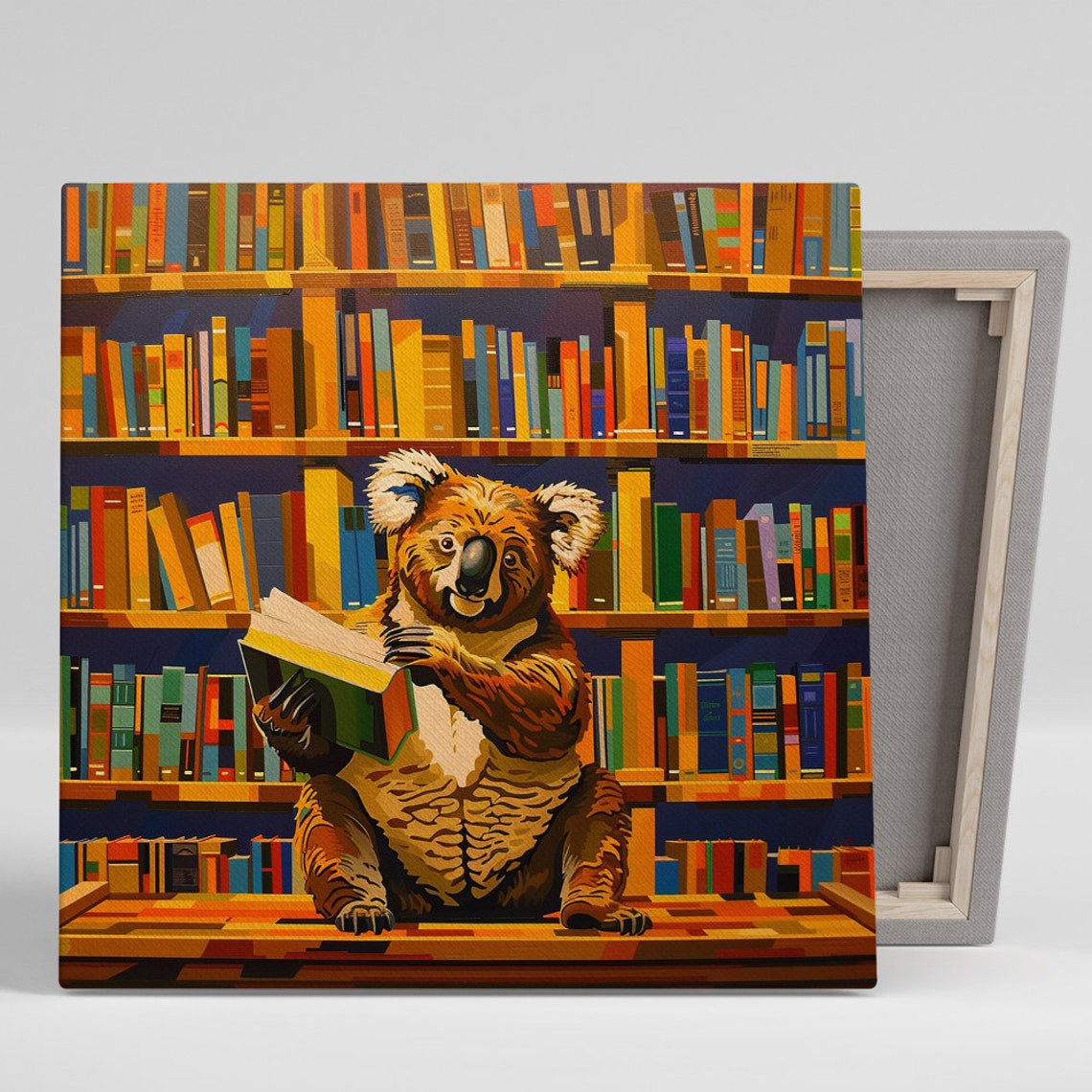 Koala Reading Book Library Shelves Warm Bookworm Decor Wall Art
