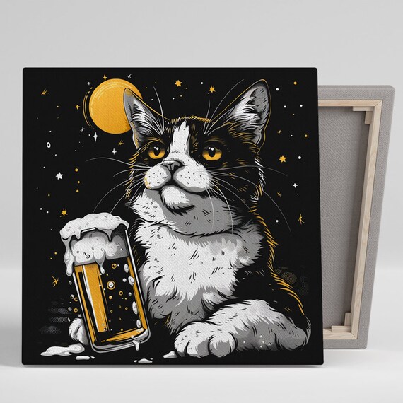 Cat With Beer Under Starry Night Moon Whimsical Bar Room Poster