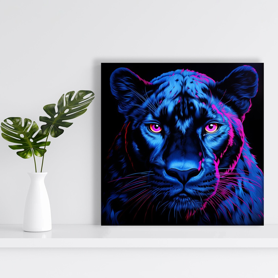 Neon Blue Black Panther Pink Eyes Intense Gaze Modern Animal Poster - Image 2