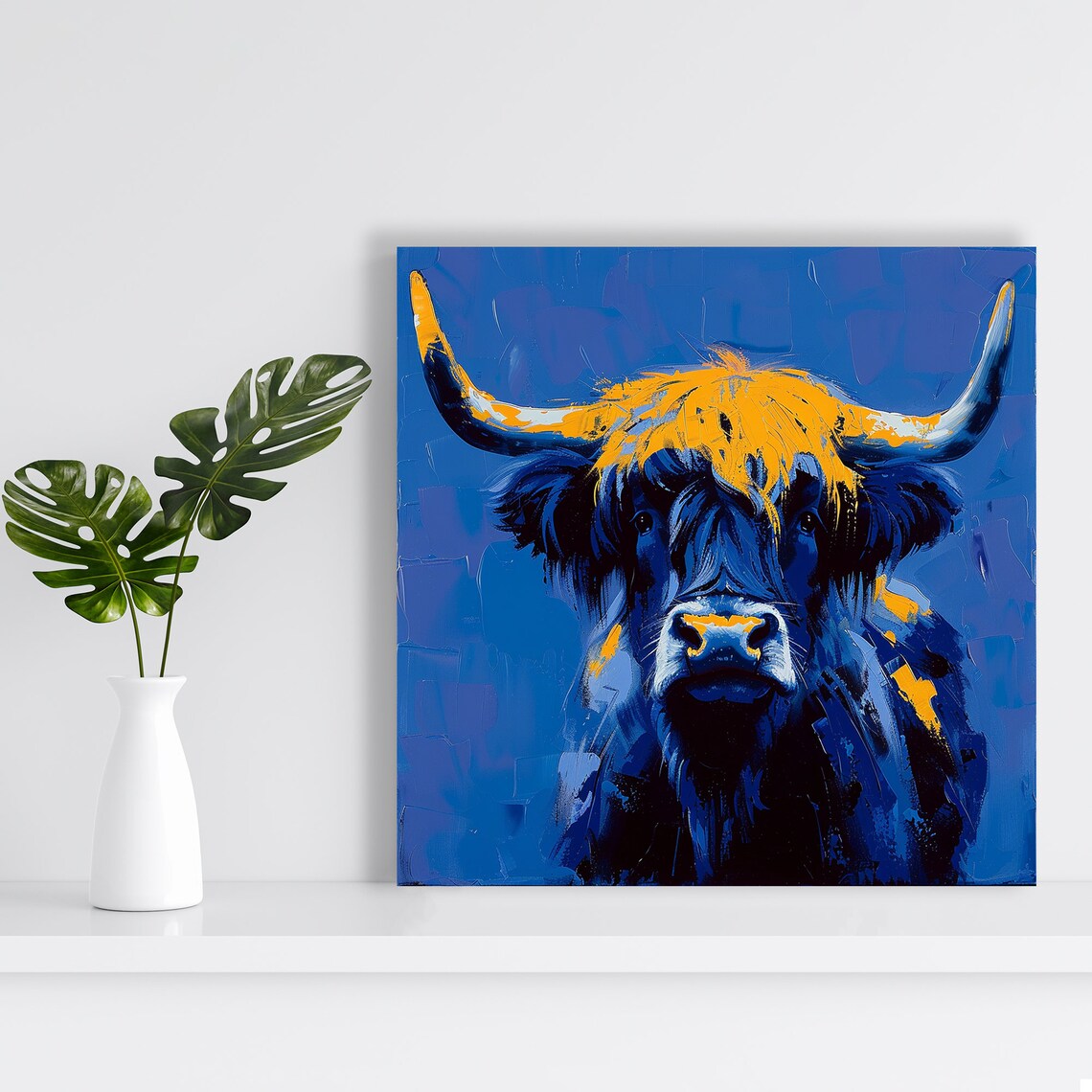 Highland Cow Cobalt Blue With Golden Forelock Palette Knife Poster - Image 2