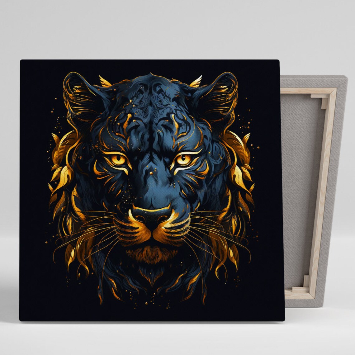 Black And Gold Panther Face Poster Neon Digital Art Dramatic Big Cat Print