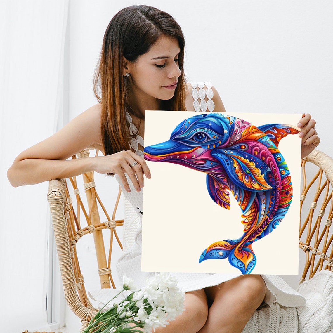Psychedelic Floral Dolphin Blue Pink Orange Boho Ocean Art Poster - Image 3