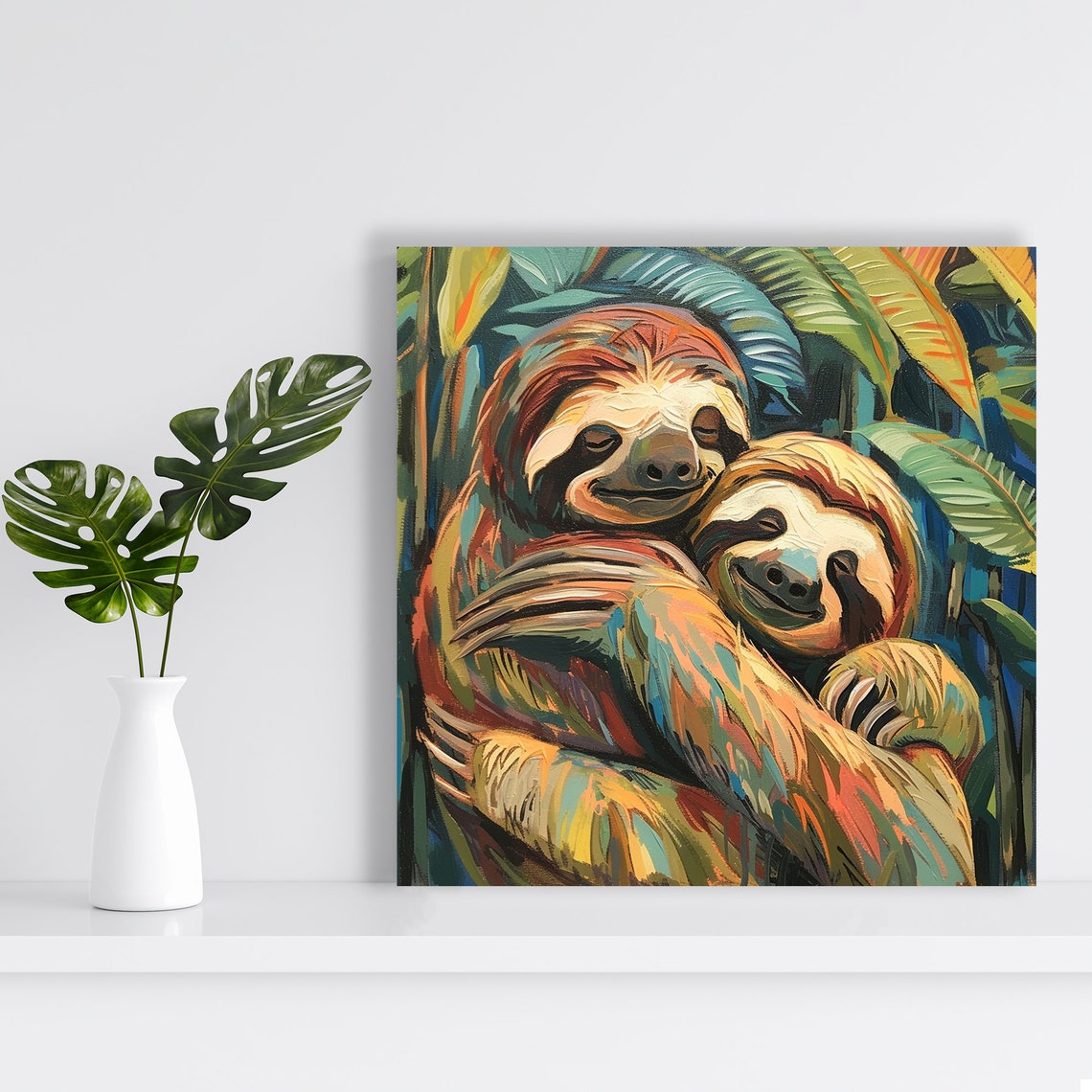 Two Sloths Hugging Tropical Leaves Painterly Wall Art Poster - Image 2