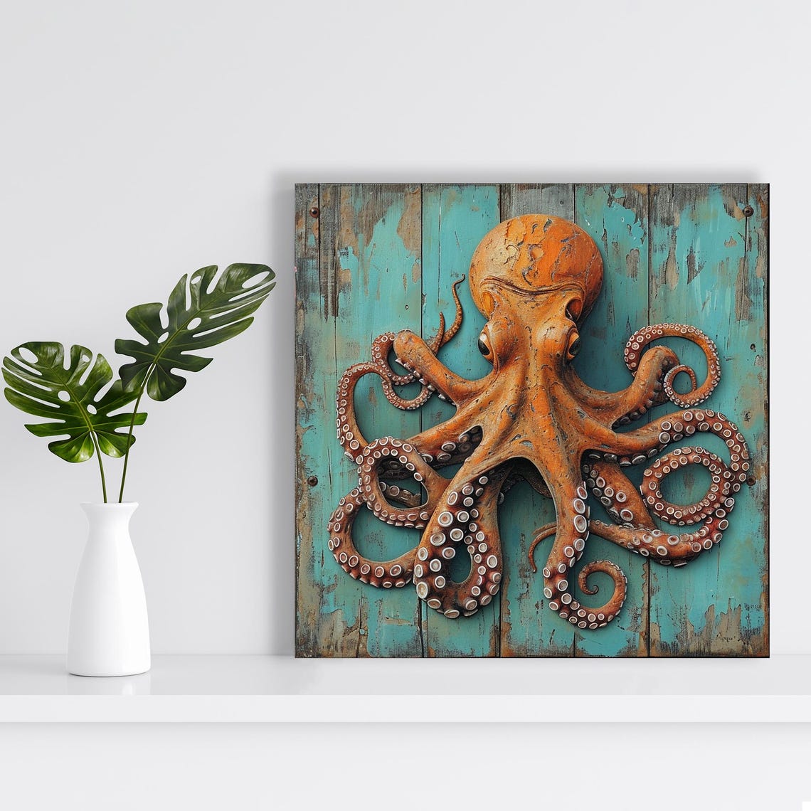 Rustic Orange Octopus Wood Carving Turquoise Coastal Animal Art Poster - Image 2