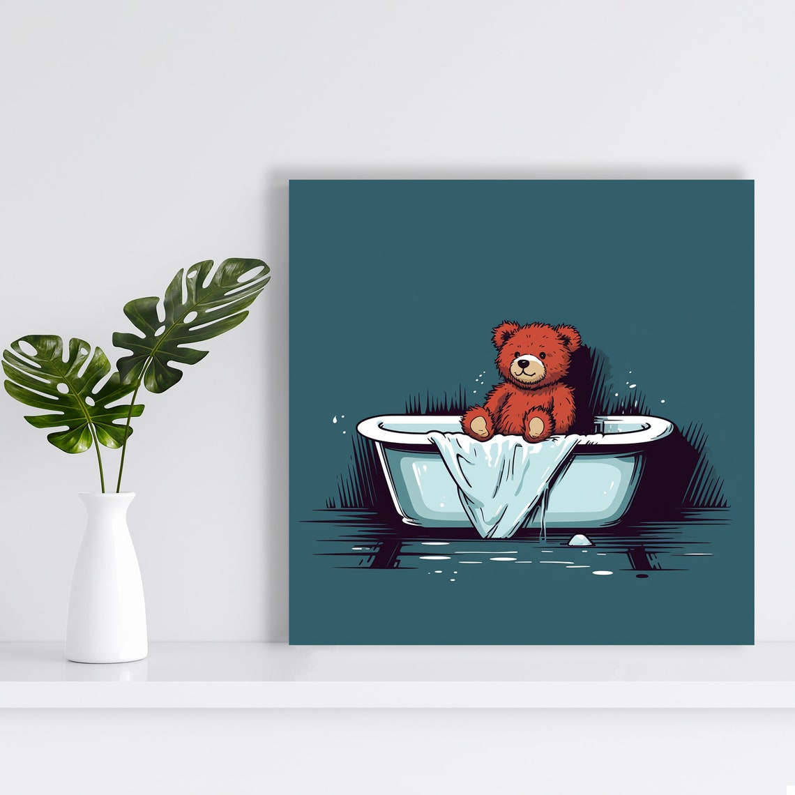 Teddy Bear In Bathtub Playful Blue Background Kids Room Poster - Image 2
