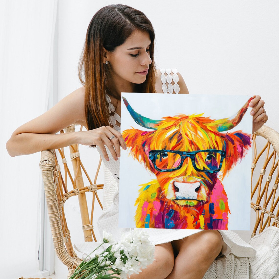 Hipster Highland Cow Art Print, Contemporary Decor - Image 3