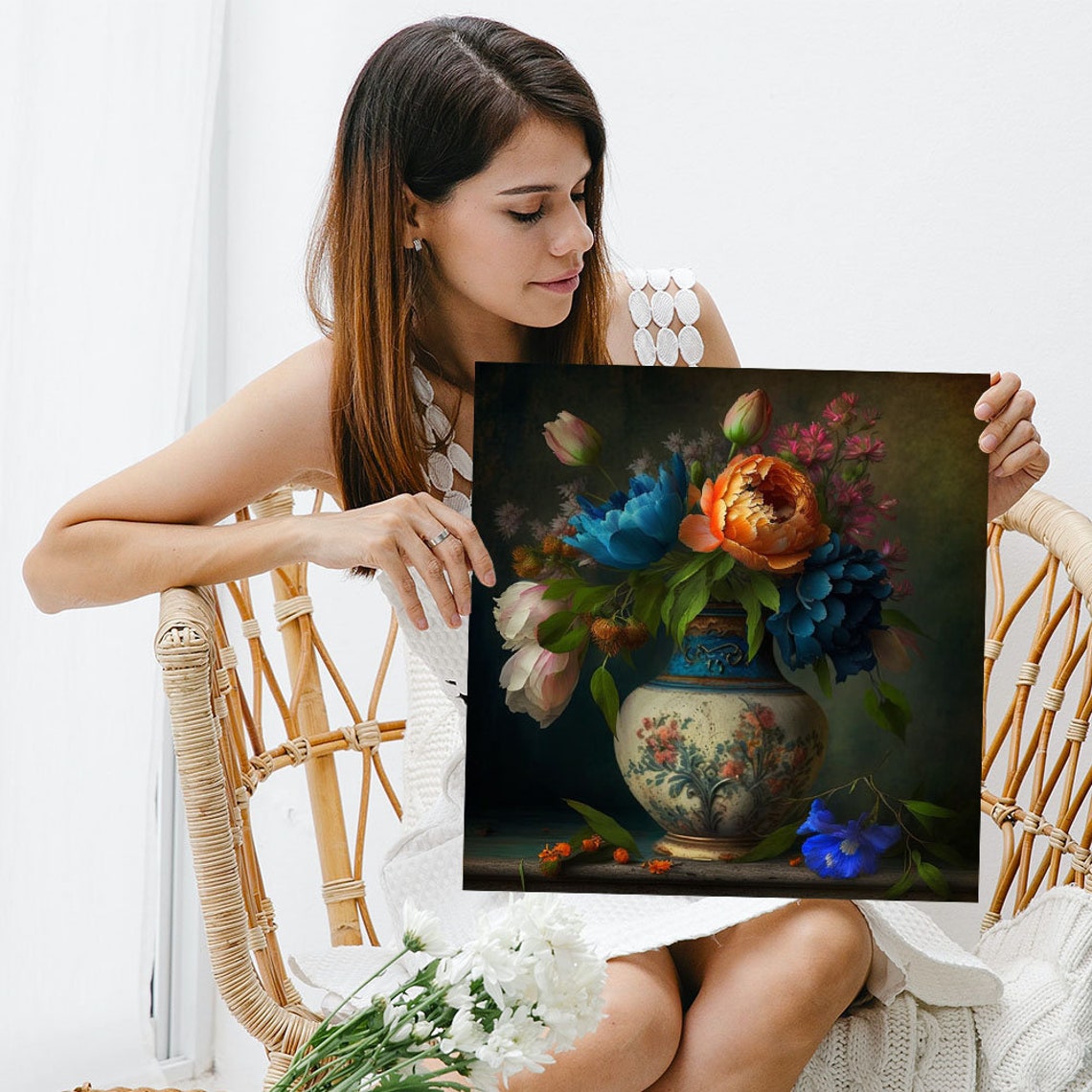 Orange Blue Peony Bouquet Hand Painted Floral Vase Elegant Wall Poster - Image 3