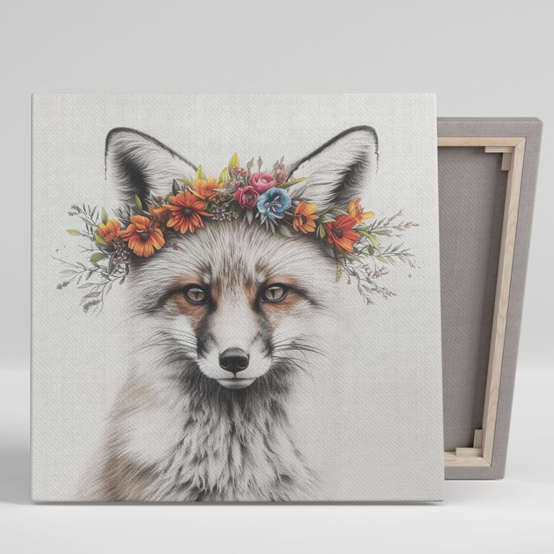 Enchanted Fox Floral Crown, Rustic Wall Art Print