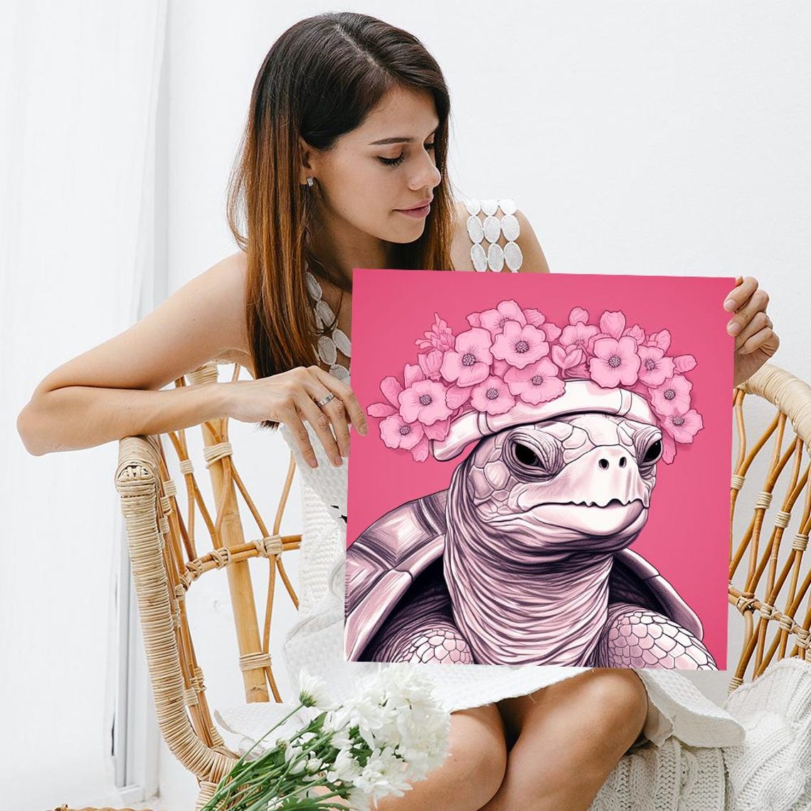 Smiling Tortoise With Pink Blossom Crown Monochrome Pink Art Poster - Image 3