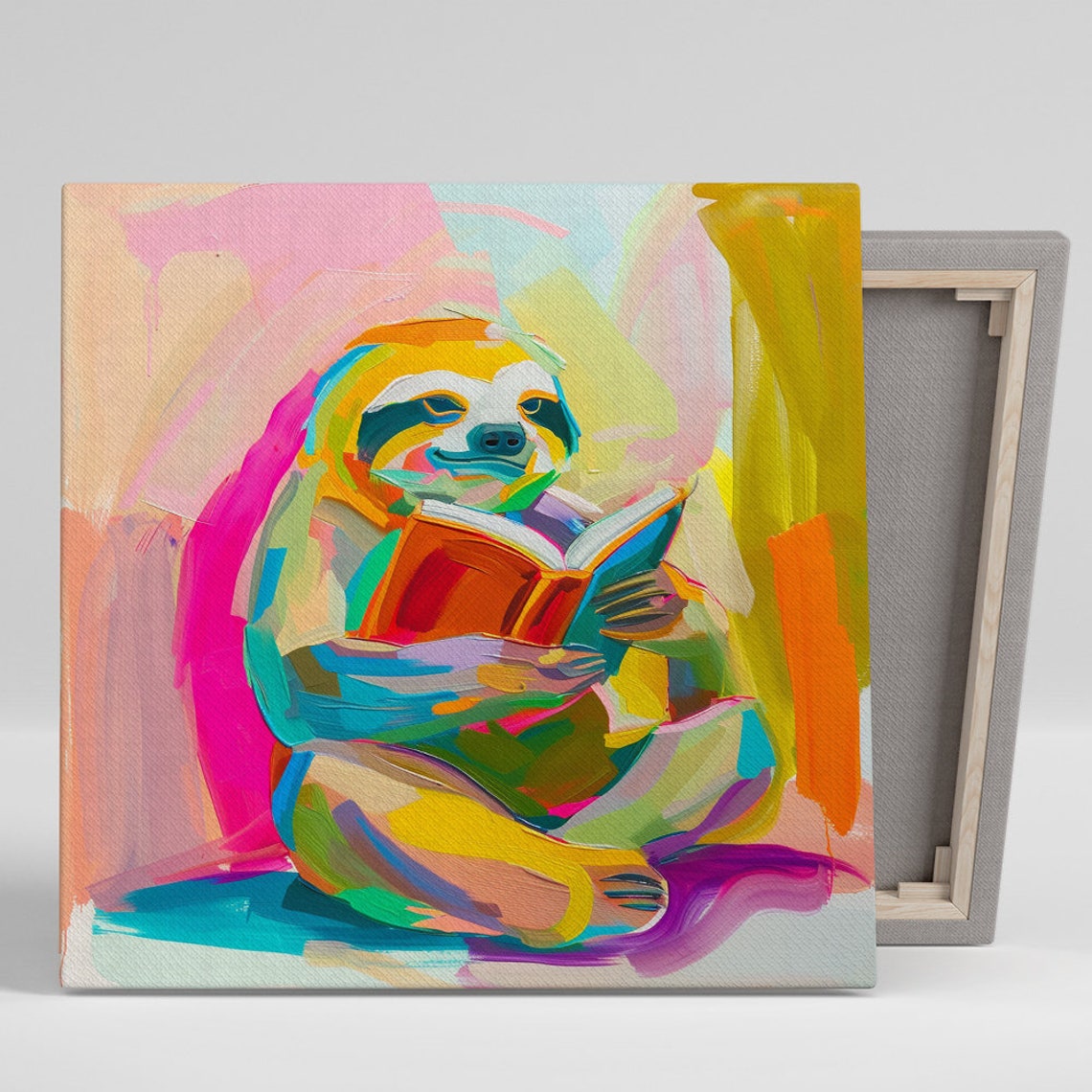 Sloth Reading Book Colorful Fauvist Brushstroke Whimsical Poster