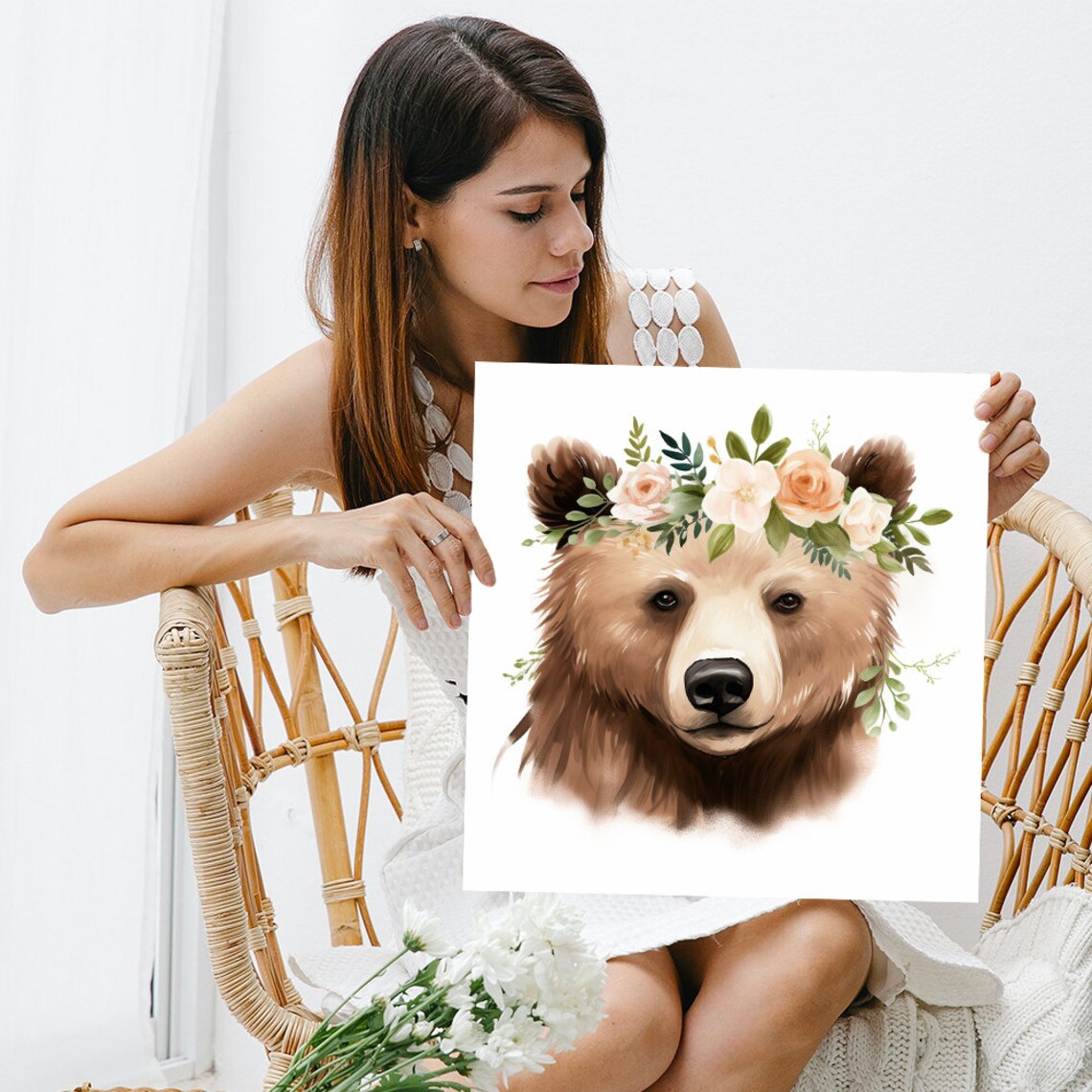 Floral Crown Bear Whimsical Bohemian Art Print - Image 3
