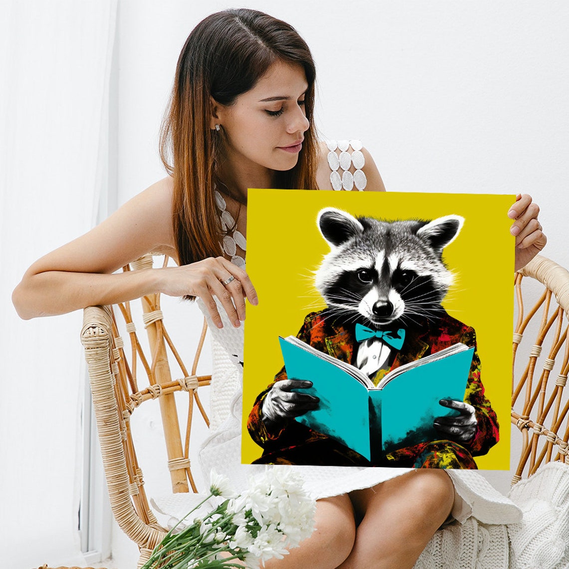 Dapper Raccoon Reading a Book in Suit Pop Art Yellow Wall Poster - Image 3