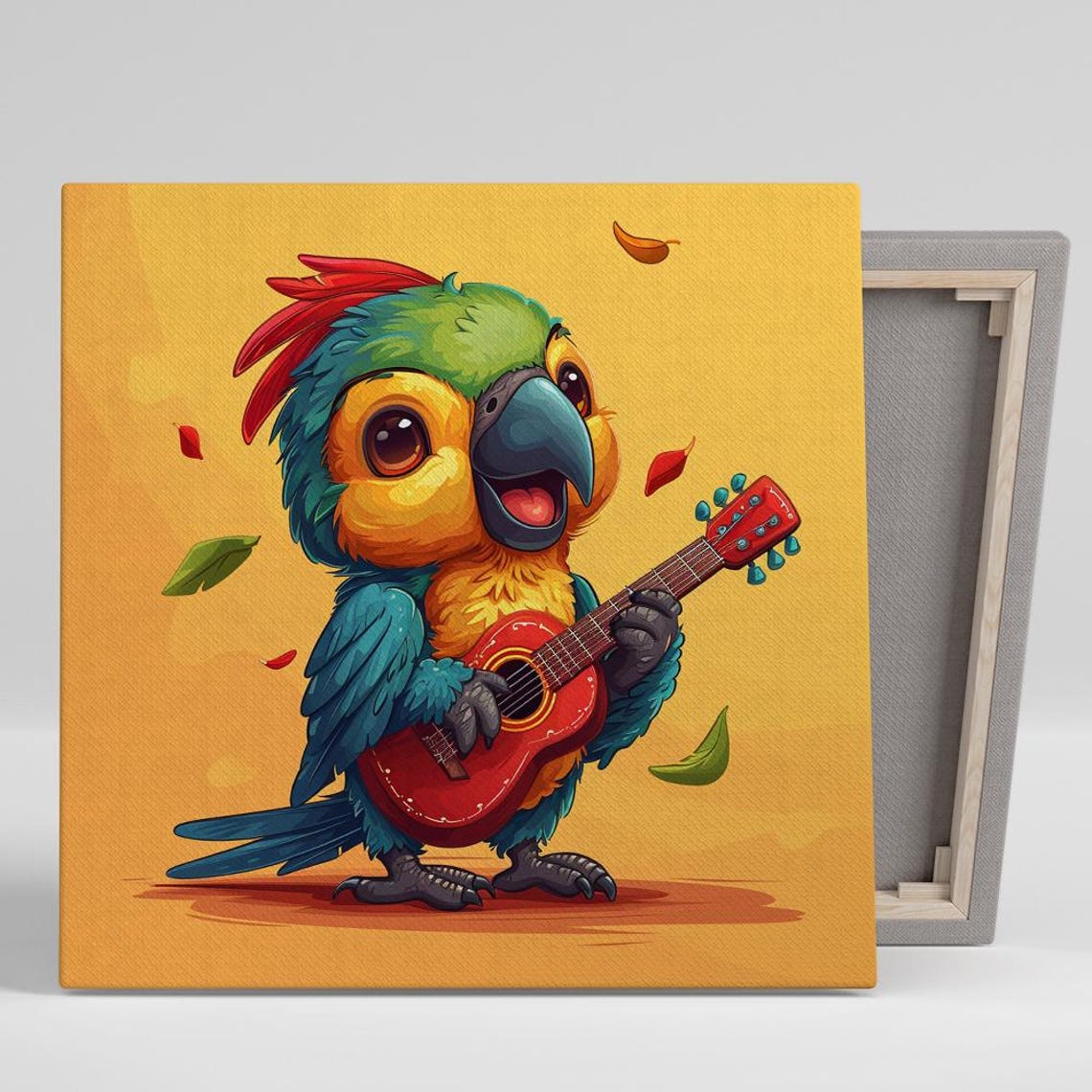 Cute Macaw Parrot Playing Red Guitar Cartoon Music Wall Art Poster