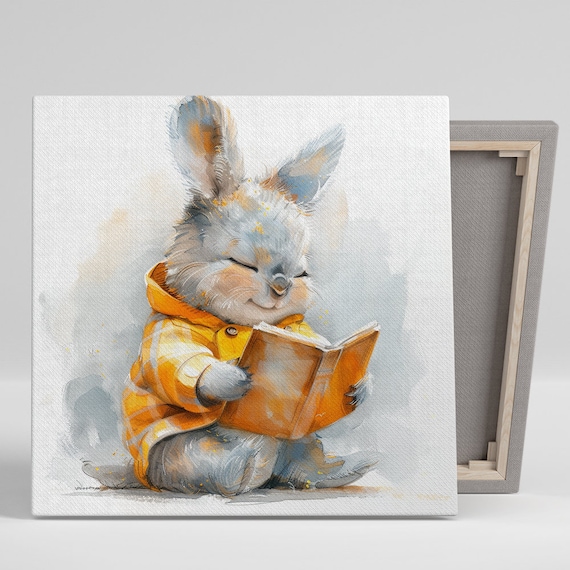 Cozy Reading Bunny Art Print, Whimsical Nursery Decor
