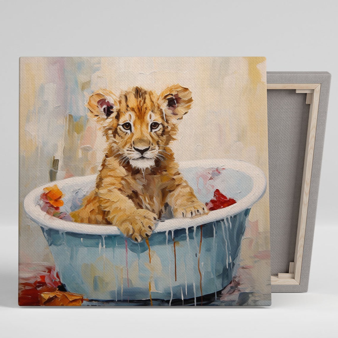 Cute Lion Cub In Blue Bathtub Painterly Baby Animal Nursery Poster
