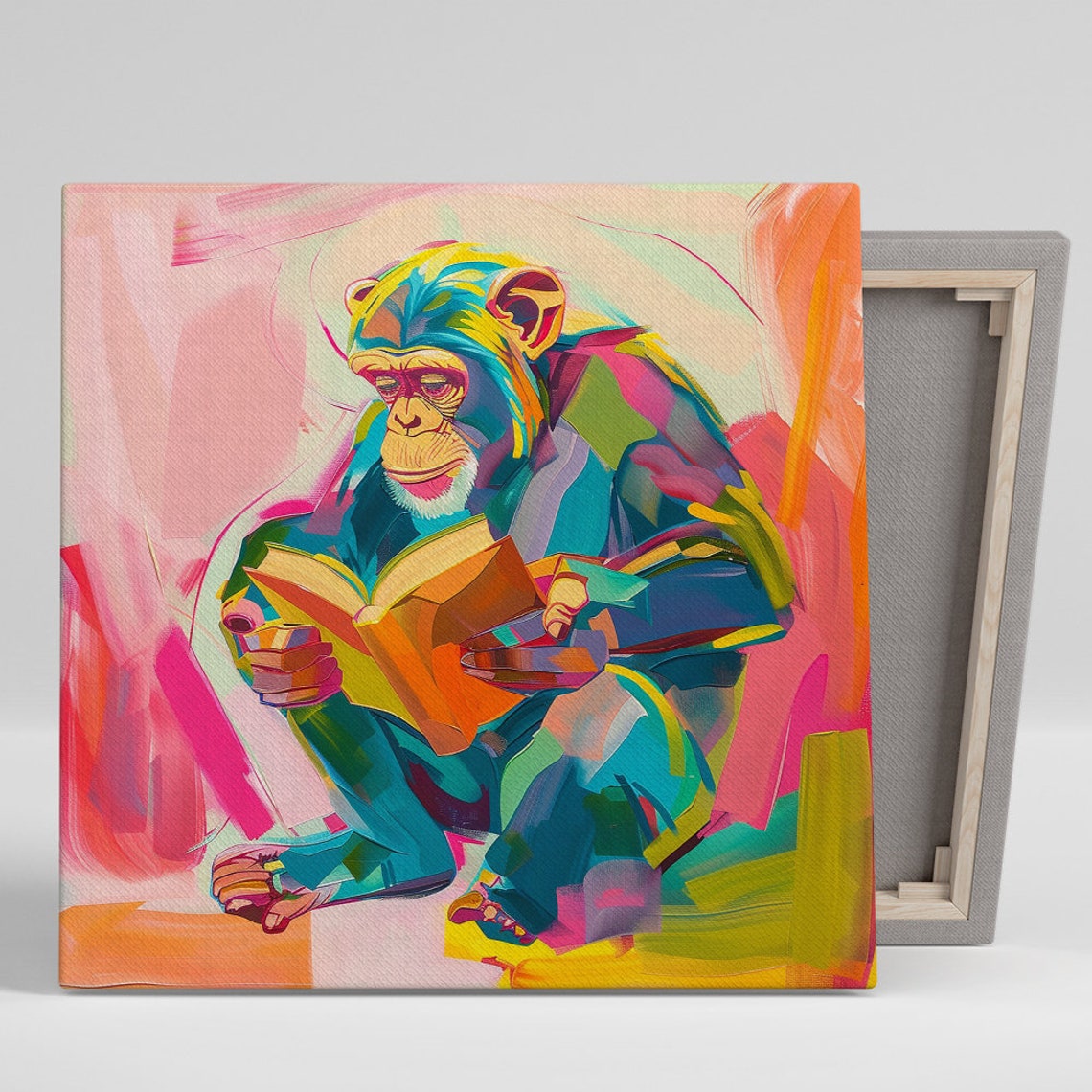 Reading Chimpanzee Bookworm Cheerful Pop Art Colorful Library Poster
