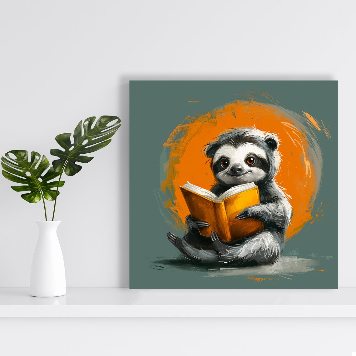Sloth Reading Orange Book Cute Library Whimsical Animal Poster - Image 2