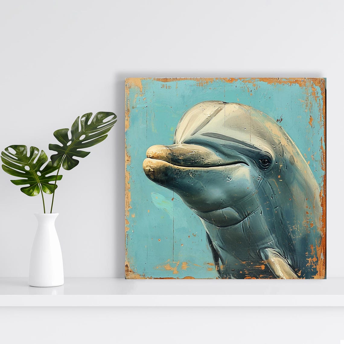 Smiling Dolphin Turquoise Distressed Wood Coastal Rustic Art Poster - Image 2