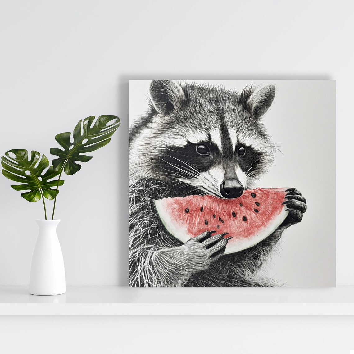 Raccoon Eating Watermelon Slice Black White Red Pop of Color Poster - Image 2