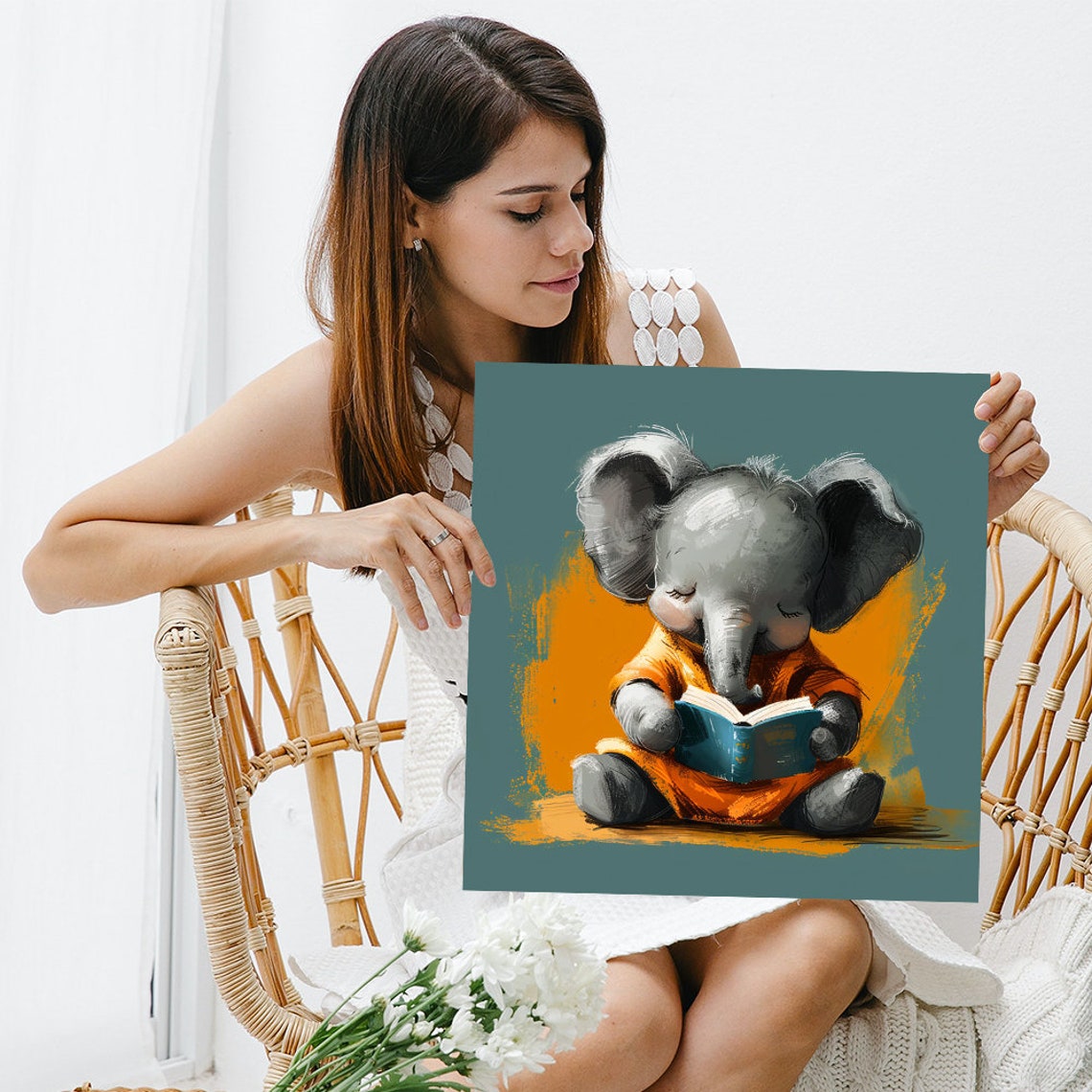 Baby Elephant Reading Blue Book Cozy Kids Nursery Wall Poster - Image 3