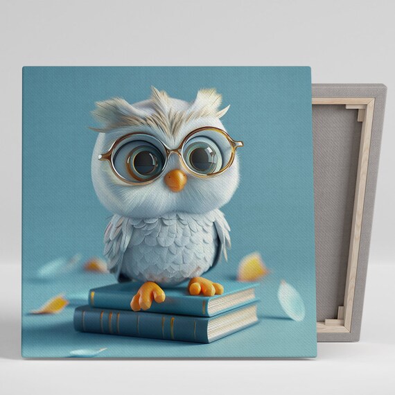 Baby Owl Round Glasses Stack Of Books Cute Library Decor Poster