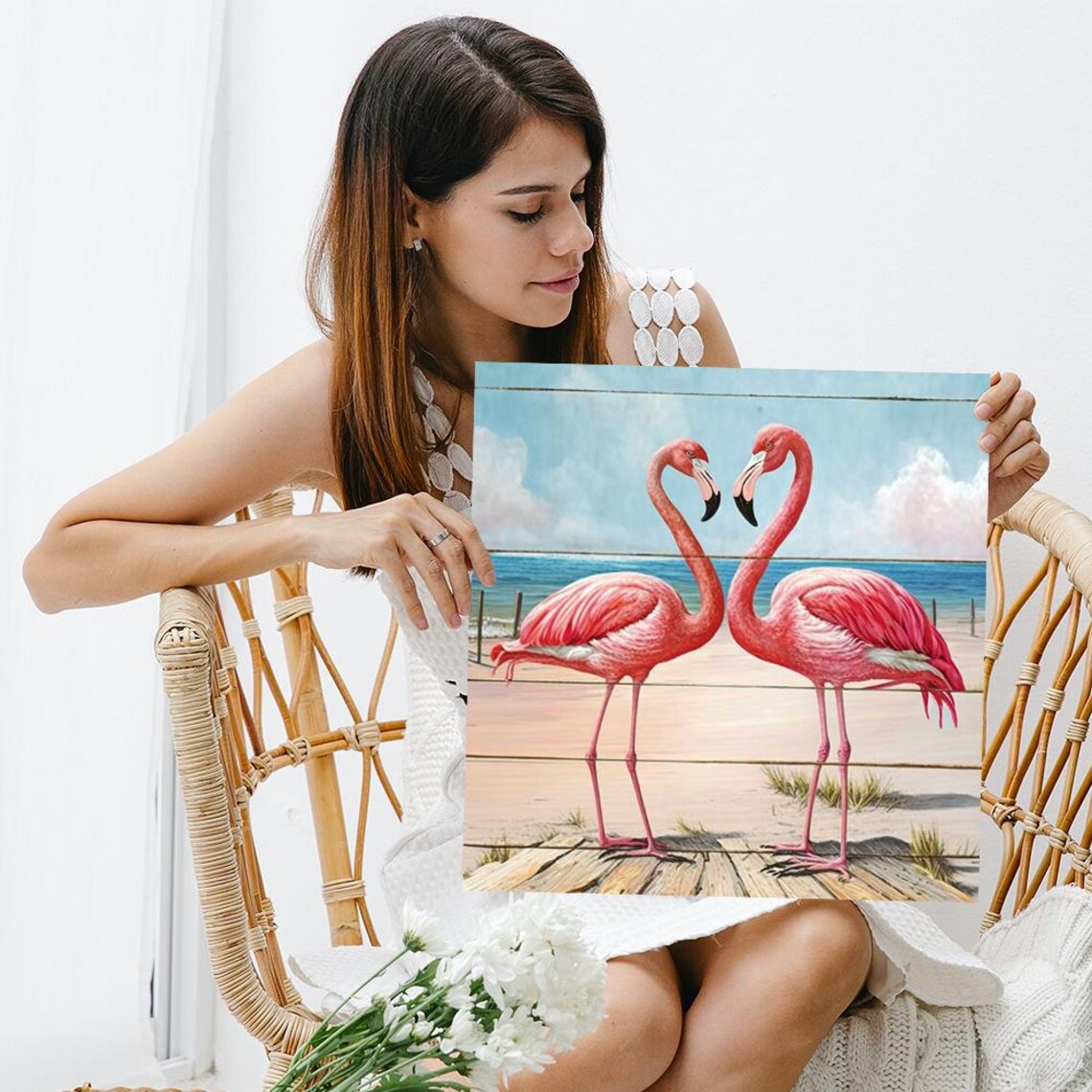 Flamingo Art Print, Whimsical Coastal Love Birds - Image 3