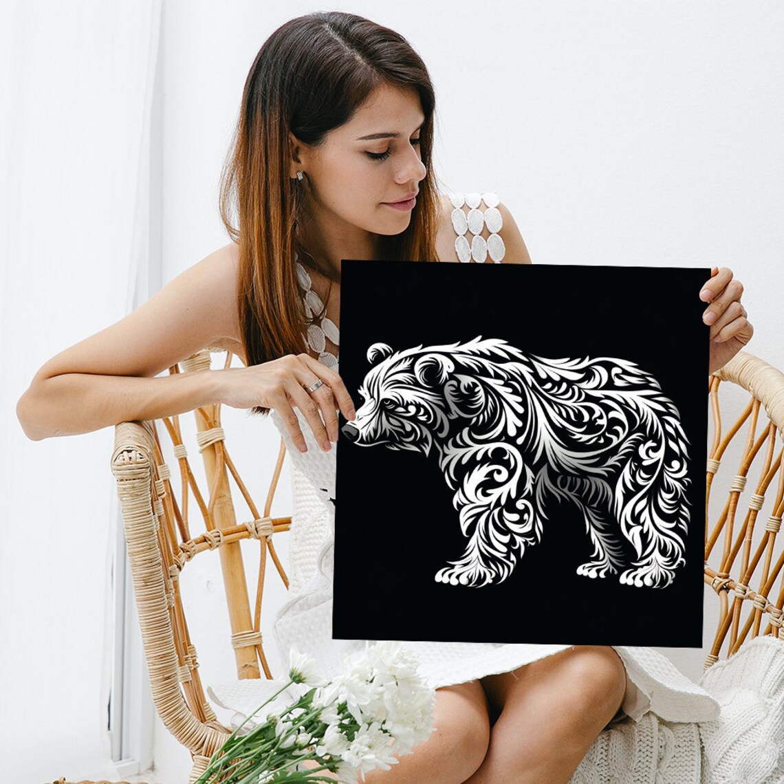 Floral Bear Silhouette White On Black Ornamental Boho Rustic Wall Art Print - Image 3