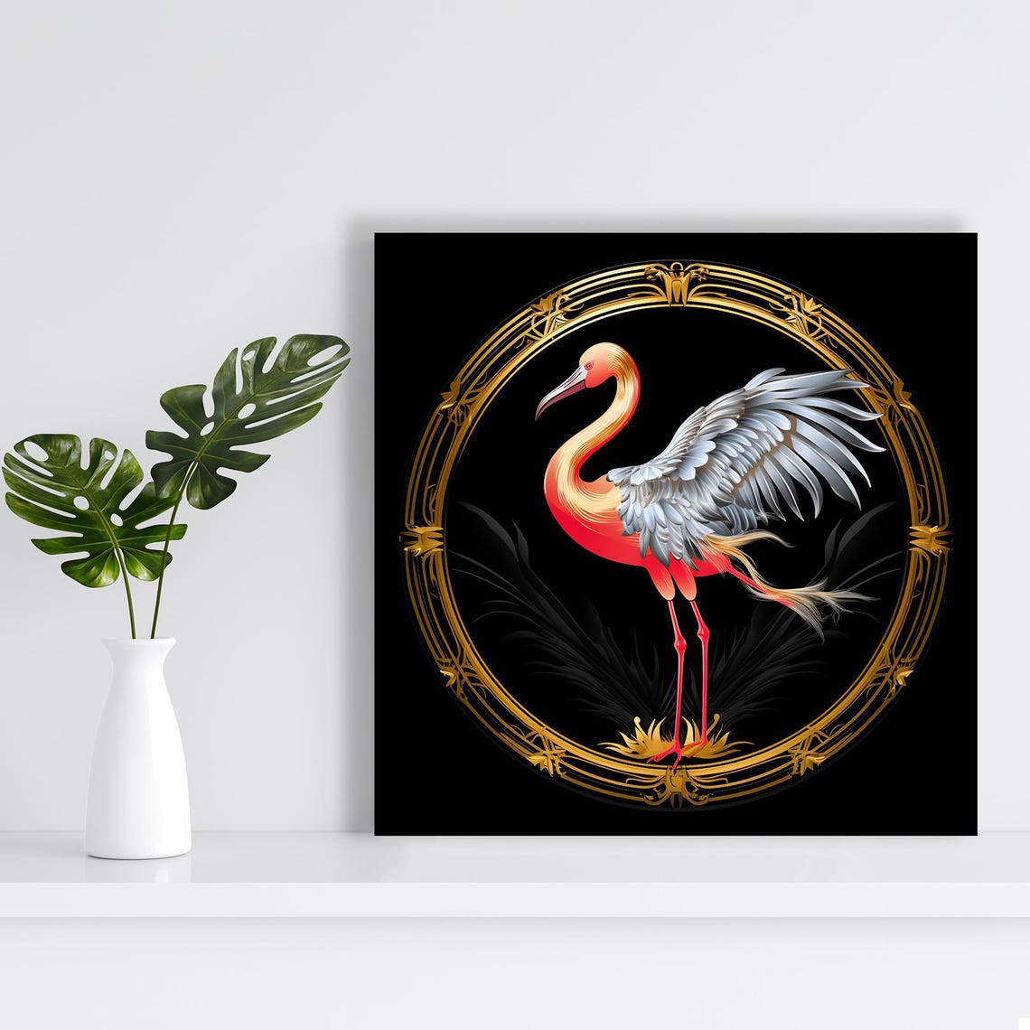 Elegant Flamingo Gold Ornate Frame Black Background Wall Art Poster - Image 2